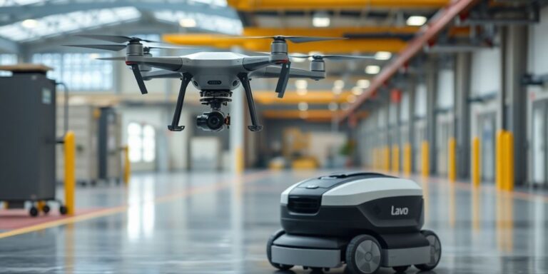 Sherpa drone and Lavo Bot cleaning a facility.